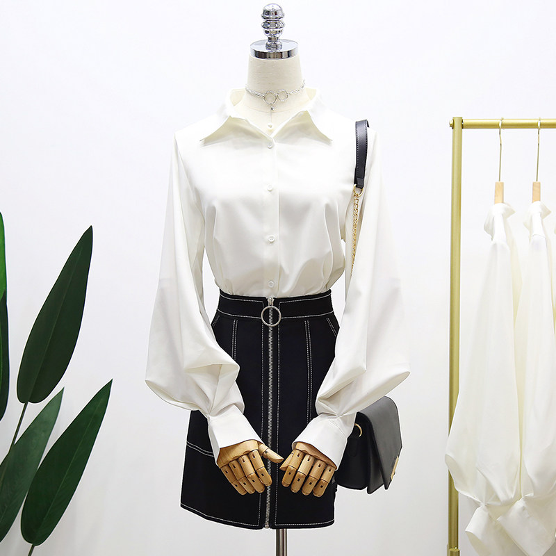 朵奈惠设计感小众衬衫秋装新品灯笼袖白色衬衫纯色翻领长袖衬衣女