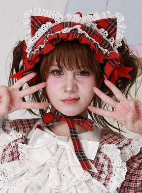 MEME原创 日杂少女圣诞红格子可爱猫耳发带配饰 古早Lolita头饰