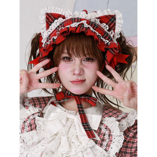 原创圣诞红格子Lolita猫耳发带