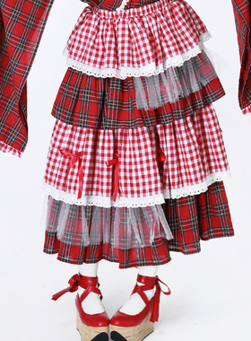 MEME原创蛋糕裙日系昭和复古改良和服裙子  可爱红格子小众半身裙