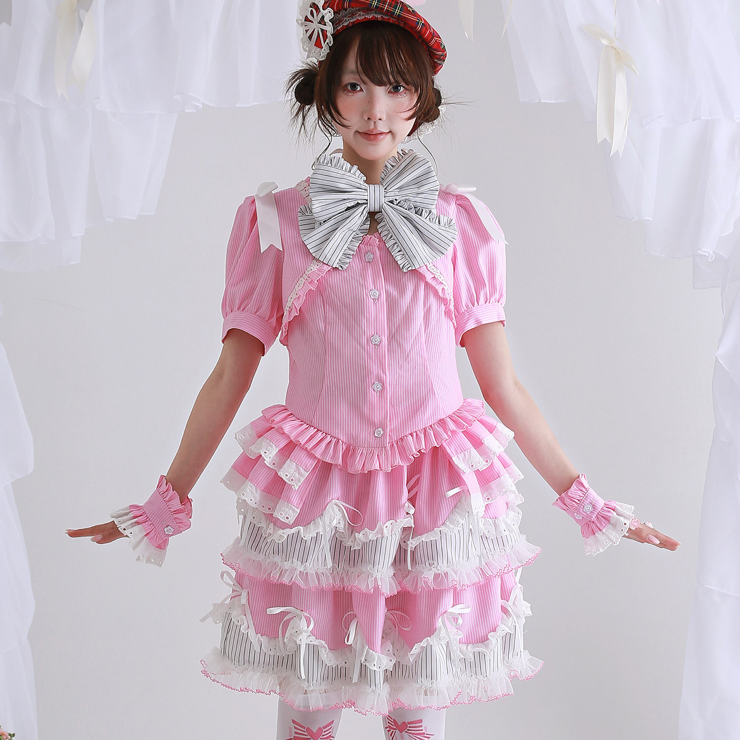 MEME原创 日系昭和复古粉色条纹短袖上衣 古早Lolita可爱少女衬衫