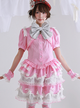 MEME原创 日系昭和复古粉色条纹短袖上衣 古早Lolita可爱少女衬衫