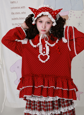 MEME原创 圣诞古早日系可爱少女卫衣绒衫 红色波点长袖秋冬上衣