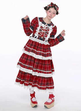 MEME原创 红色昭和复古圣诞格子蛋糕裙 甜美可爱Lolita少女连衣裙