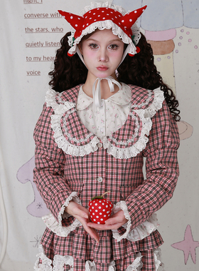 MEME原创 日系昭和粉色格纹秋冬外套 古早Lolita可爱少女小众上衣