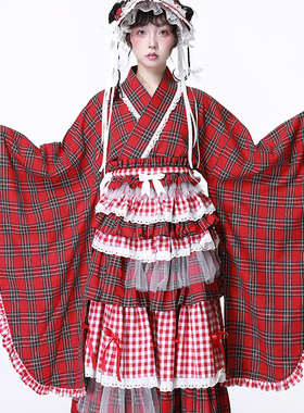 MEME原创设计 日系昭和复古可爱和风少女上衣 红格子改良和服浴衣