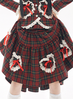 MEME原创 古早日系昭和复古圣诞红色裙子 冬季Lolita毛呢半身裙女