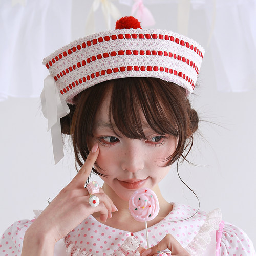 原创日系复古粉色条纹海军帽