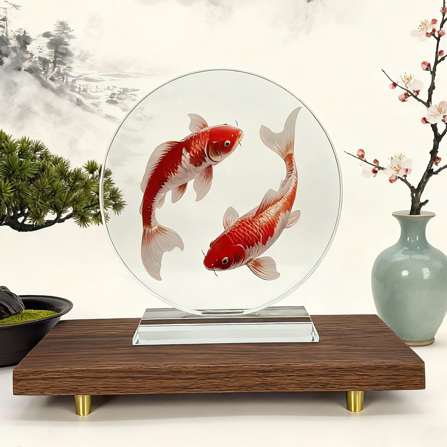 内雕双红锦鲤水晶摆件高档家居创意桌面装饰客厅乔迁礼工艺品