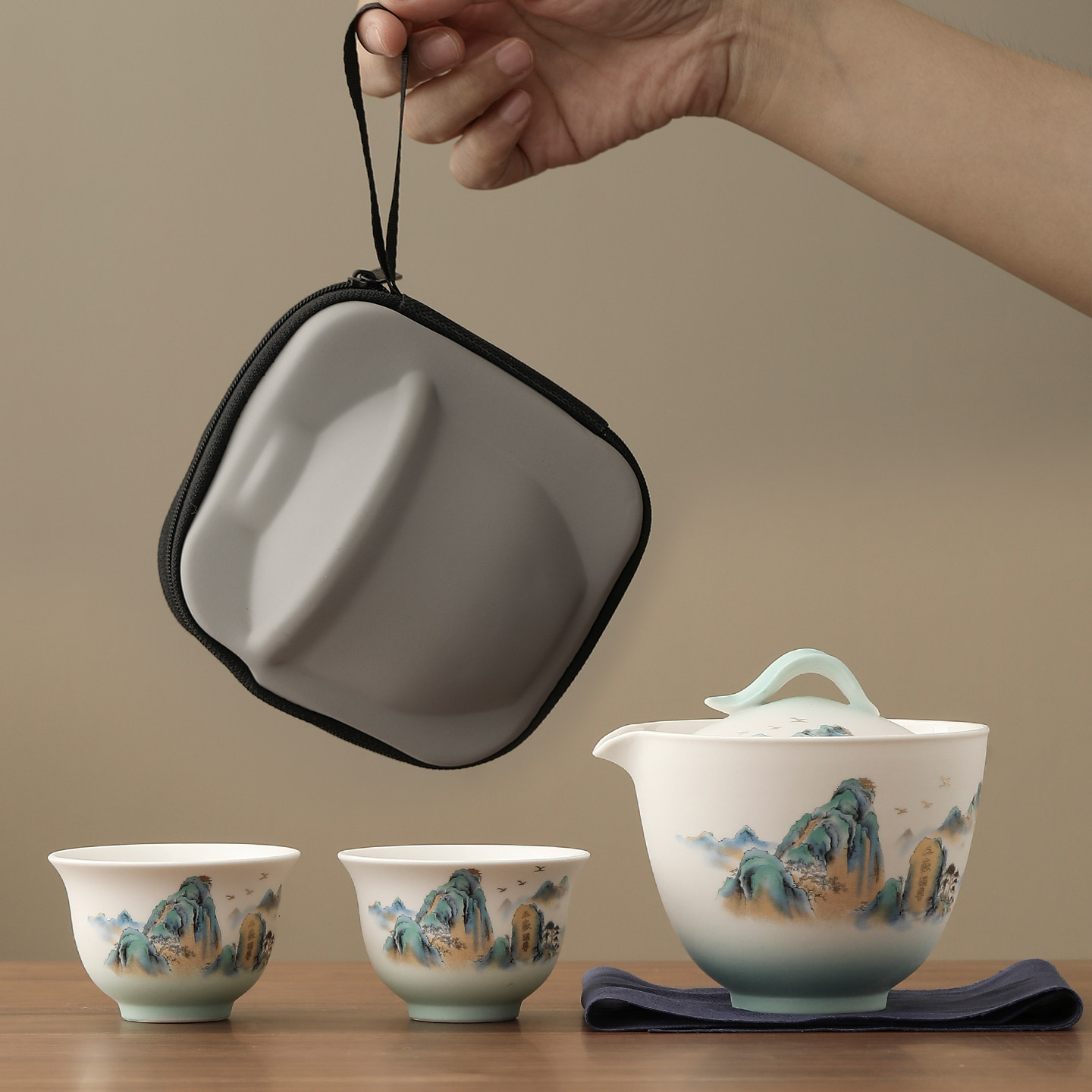 便携式快客杯一壶两杯旅行茶具套装户外露营泡茶壶茶杯茶具收纳包