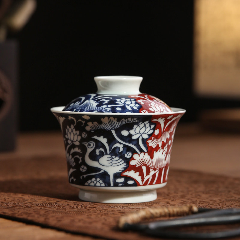青花瓷盖碗中式复古二才盖碗陶瓷家用泡茶器高端防烫茶碗杯单个