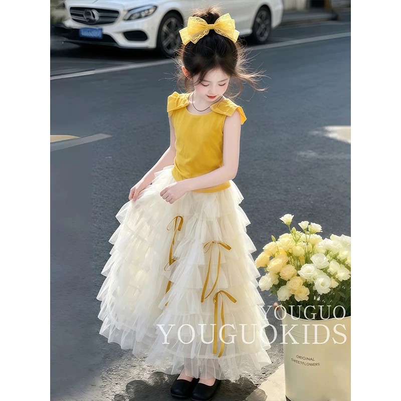 女童连衣裙夏装2026新款洋气儿童设计感蛋糕裙夏季女大童纱裙套装