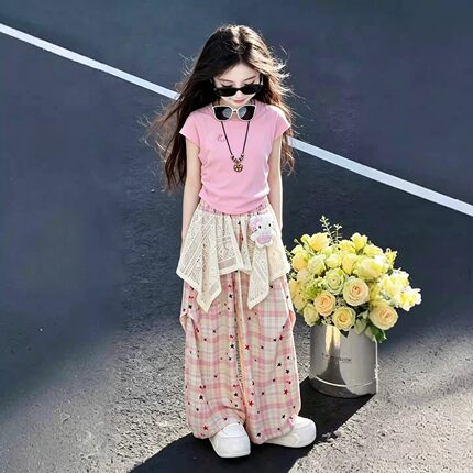 2026超火女童装夏季新款儿童短袖套装大童女孩夏装韩系穿搭阔腿裤