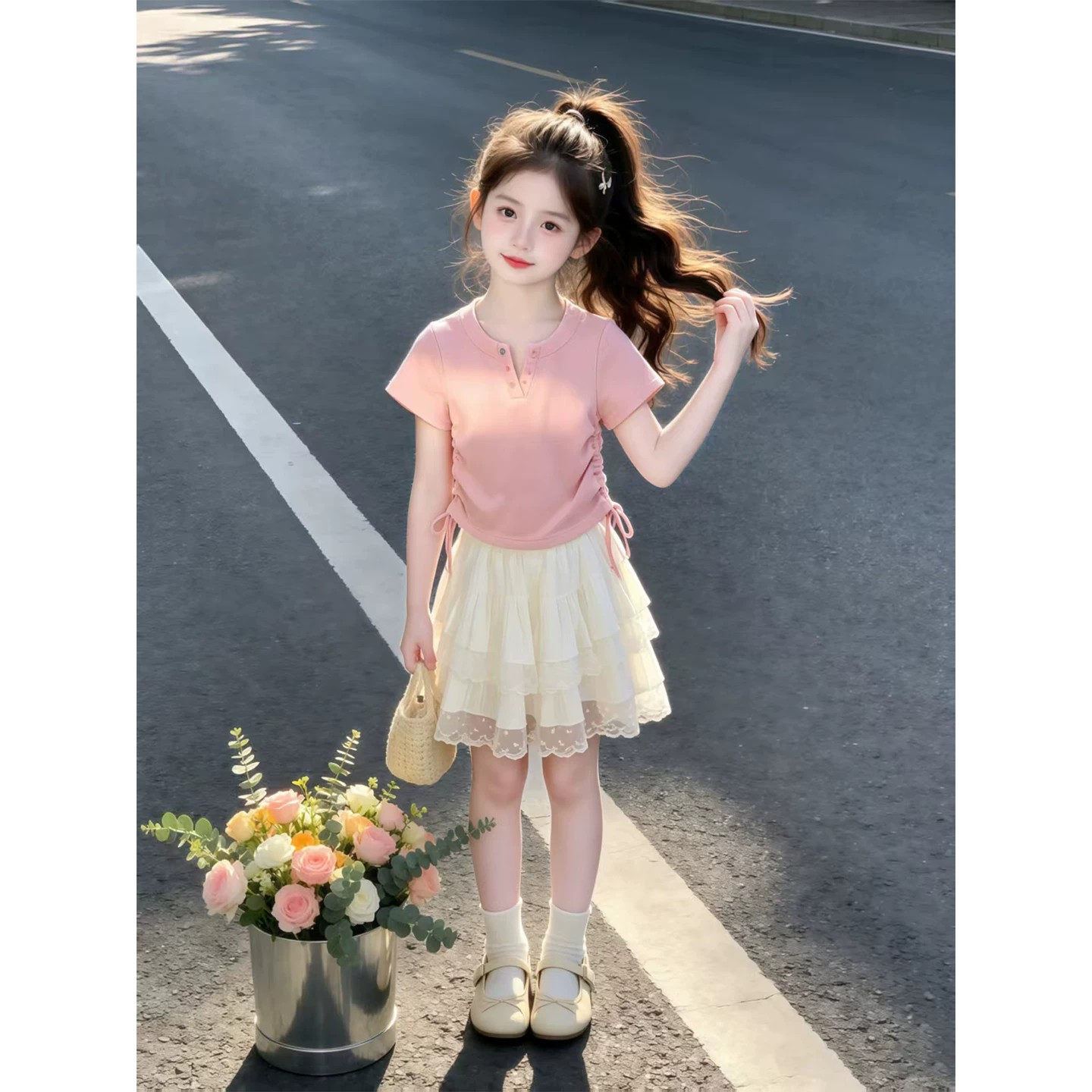 女童蛋糕裙套装夏季2026新款儿童洋气假两件上衣女孩夏装半身裙子