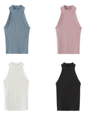 DANCE系列谢欣同款罗纹修身高领无袖跳舞挂脖背心收腰上衣瑜伽女