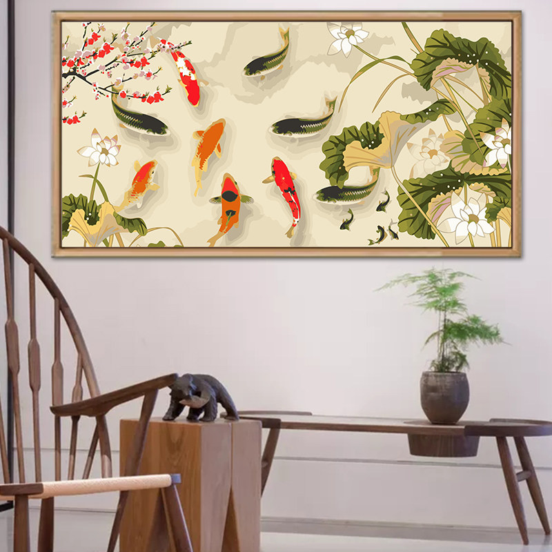 数字油画diy填充油彩画九鱼图手绘中式填色客厅装饰挂画年年有鱼