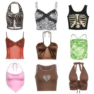 21 Style Sexy Vintage Strappy Y2K Halter Crop Top Women Summ