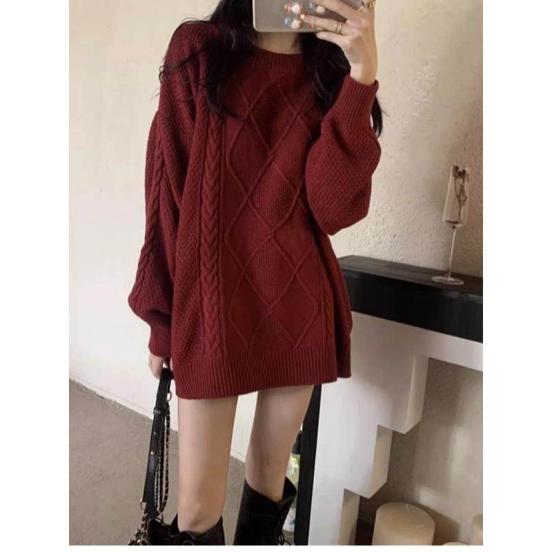 秋冬圆领100%纯羊毛衫女中长款宽松慵懒风麻花加厚毛衣羊毛针织衫