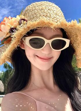 2025新款猫眼太阳眼镜方圆脸抗UV白色三亚适合海边拍照的太阳眼镜