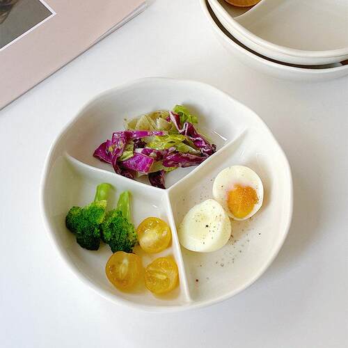 穆尼白色三分格餐盘一人食轻食分隔碗早餐分餐盘大人家用陶瓷盘子