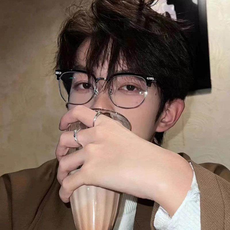 黑框半框眼镜框架男高级感斯文败类金属防蓝光近视眼镜男可配度数