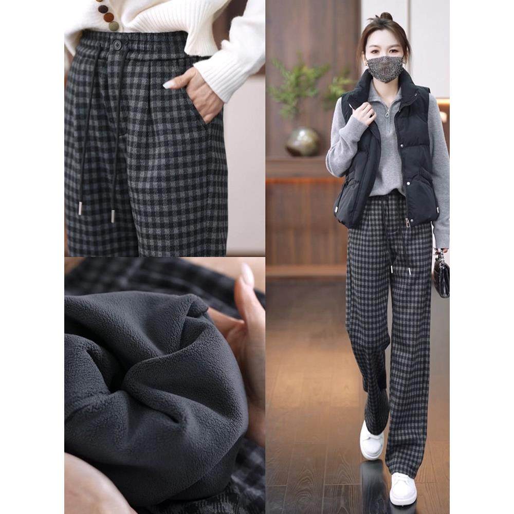 秋冬季新款加绒保暖格纹阔腿裤休闲毛呢格子裤高腰宽松显瘦直筒裤,女装/女士精品,休闲裤,淘宝优惠券,粉丝福利购,淘宝优惠卷