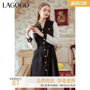 Lagogo拉谷谷黑白拼接A字连衣裙女法式 复古气质设计感