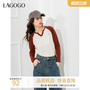 V领弹力舒适T恤女NCTT557G02 插肩袖 lagogo拉谷谷2024年新款 美式