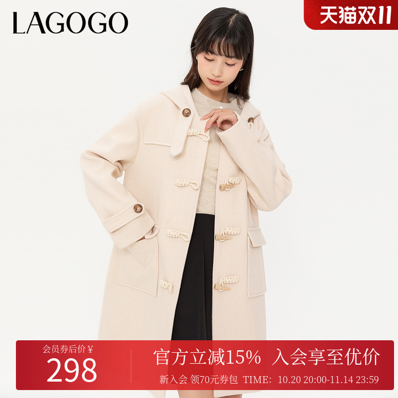 Lagogo拉谷谷冬季新款甜美连帽牛角扣毛呢大衣女减龄学院风