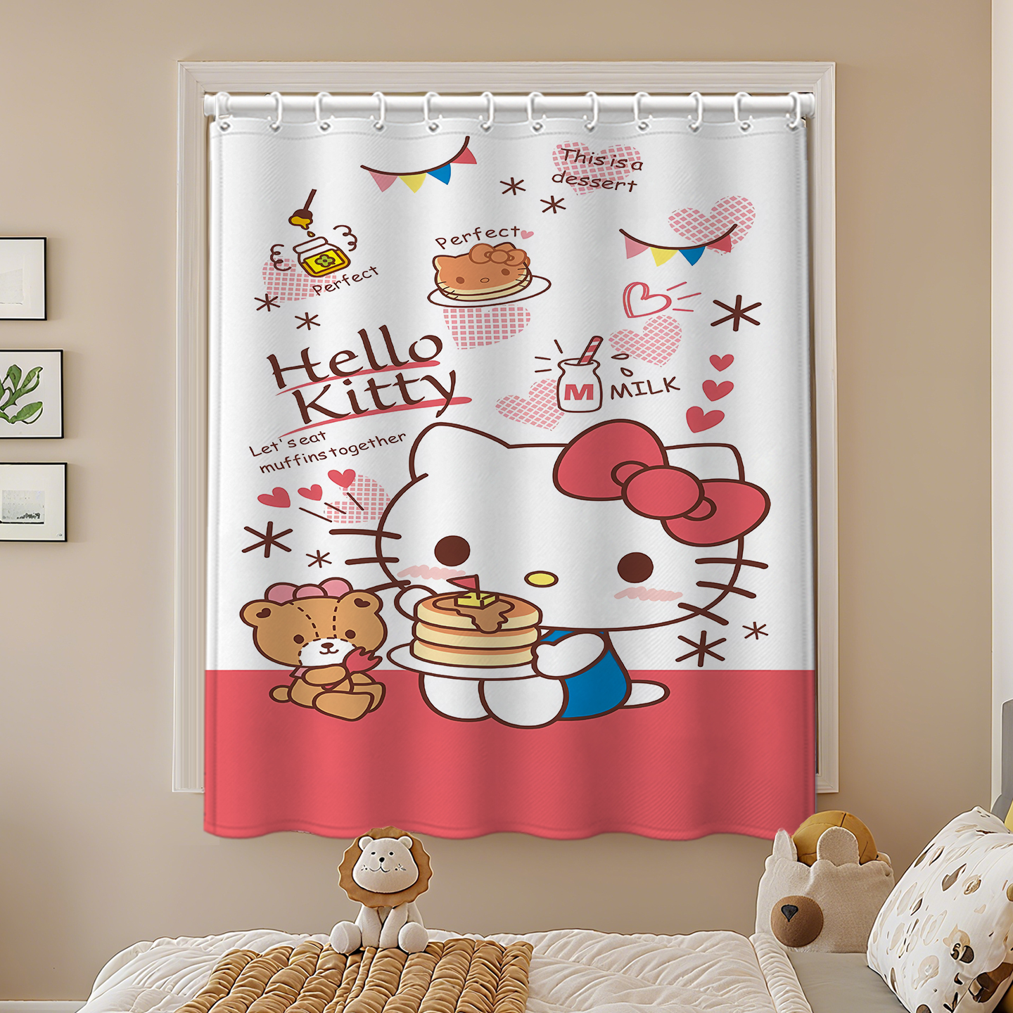 卧室窗帘遮光免打孔安装可爱网红隔热防晒防光遮阳布HelloKitty猫