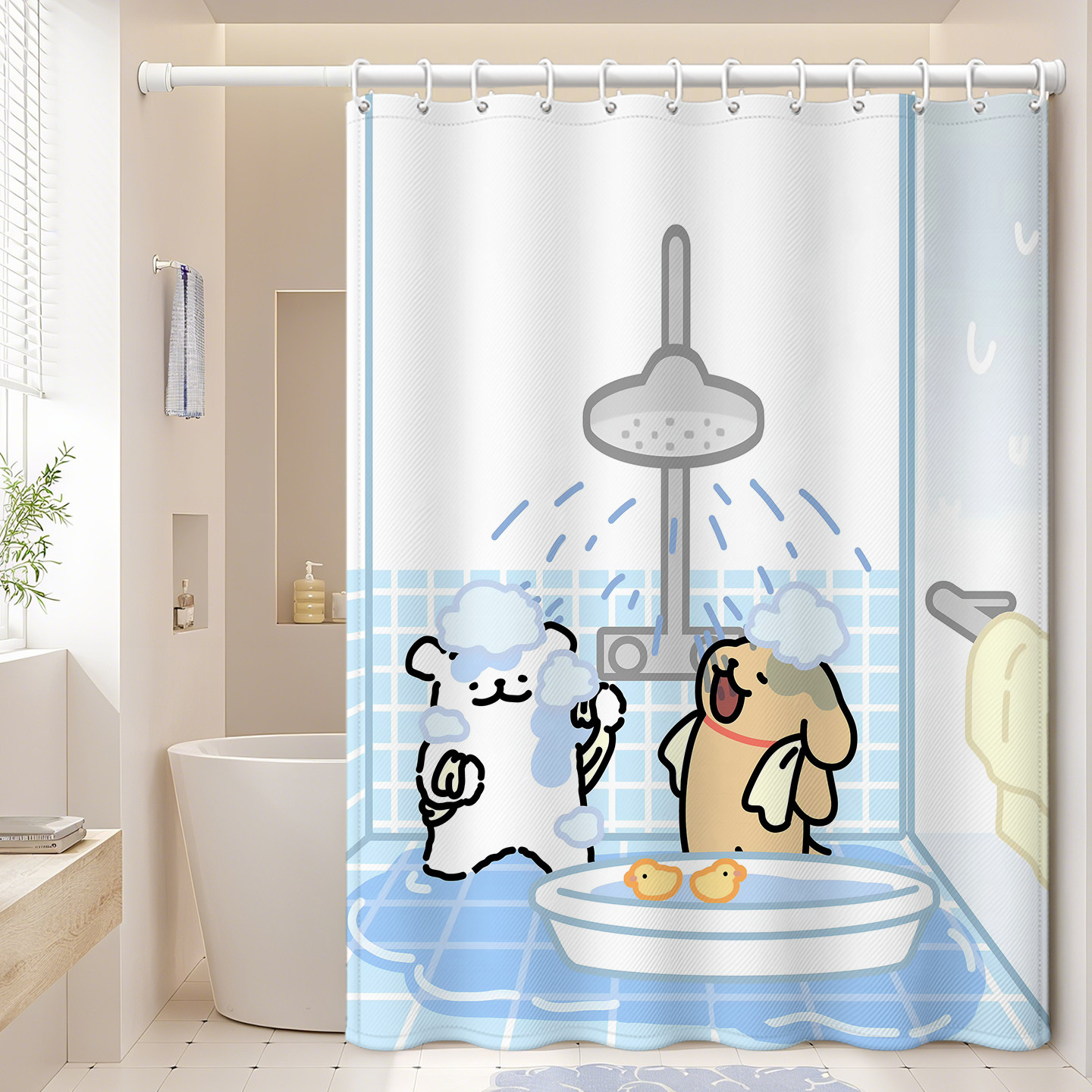 浴室浴帘防水卫生间隔断帘门帘窗帘布遮挡线条小狗可爱卡通免打孔