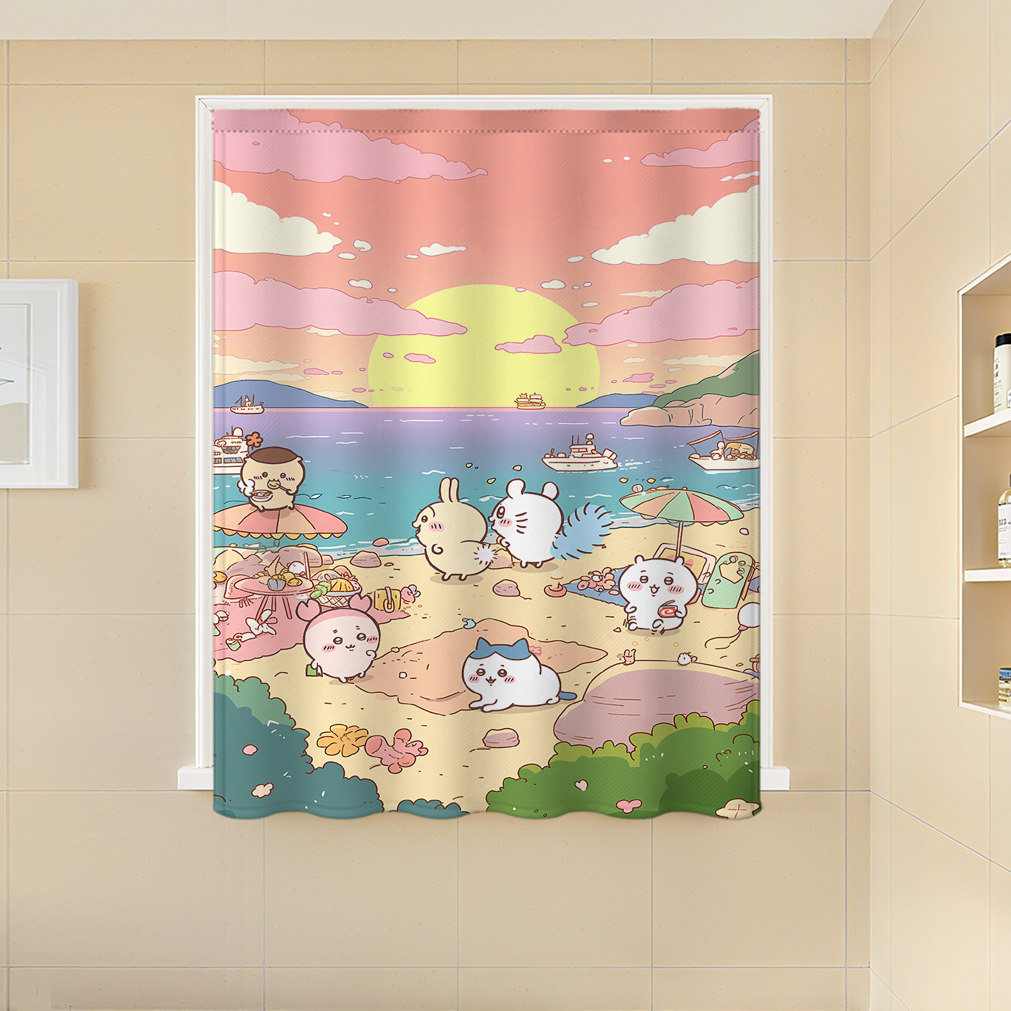 魔术贴免打孔安装窗帘卡通防晒隔热防水卫生间浴室遮挡隔断卡哇伊