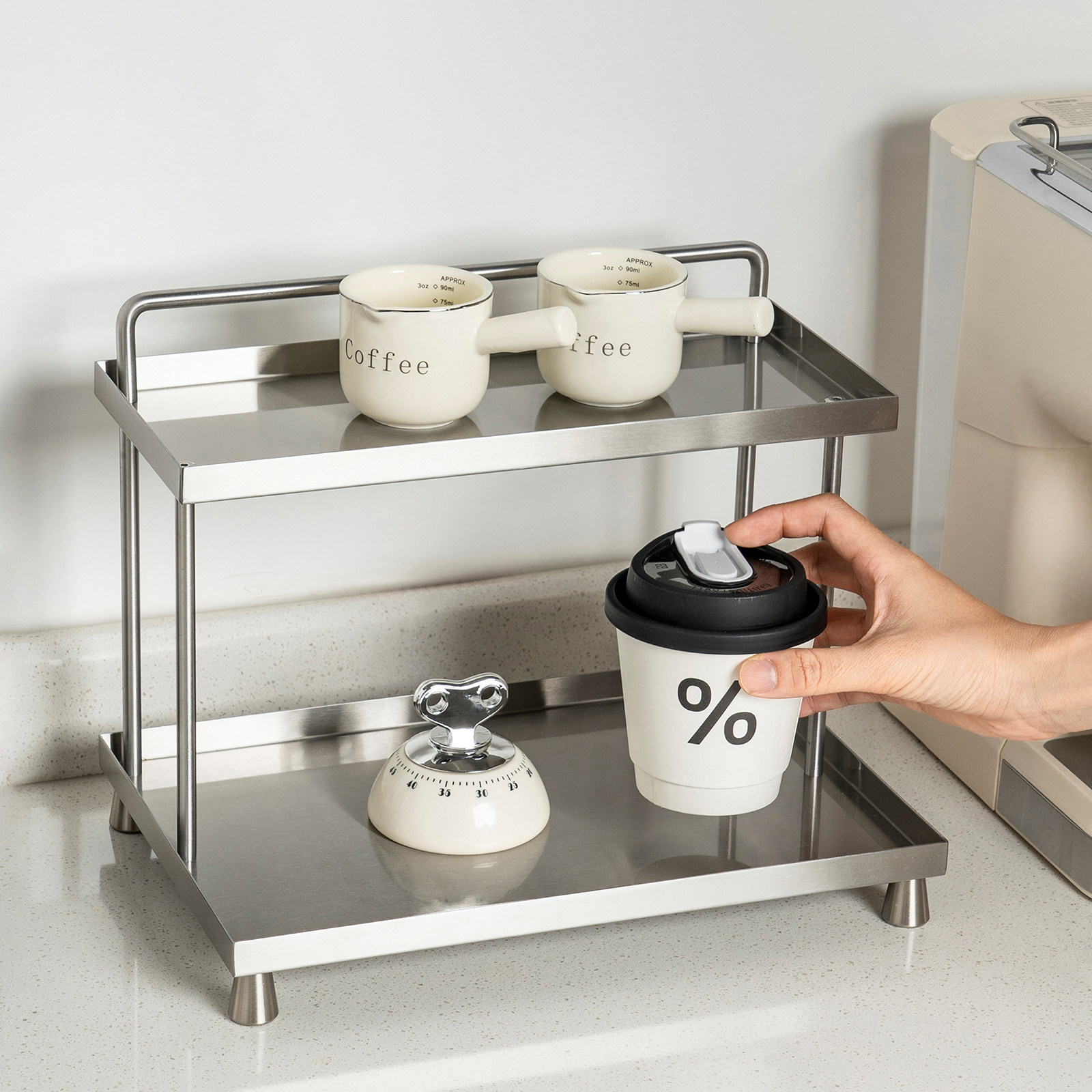 拉丝不锈钢双层玄关桌面置物化妆护肤品咖啡杯收纳架手办展示托盘