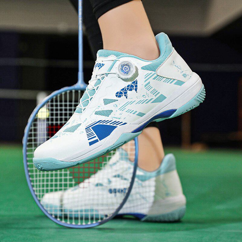 黑色打羽毛球鞋双纽扣情侣免系带抗扭自动旋钮全白比赛训练运动鞋