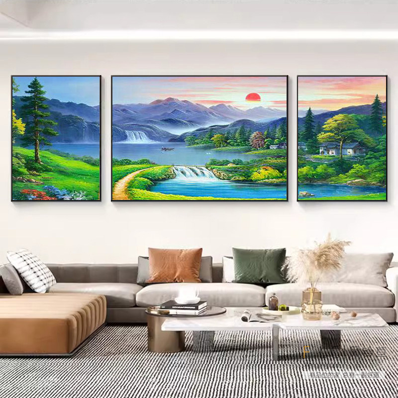 三联聚宝盆钻石画满钻2025新款客厅粘钻石贴十字绣山水风景新中式