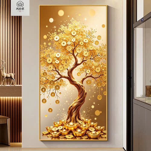 轻奢发财树玄关钻石画风景