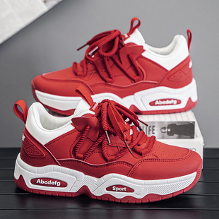 红色老爹鞋男ins潮鞋韩版潮流百搭2025年秋季新款白底黑面运动鞋