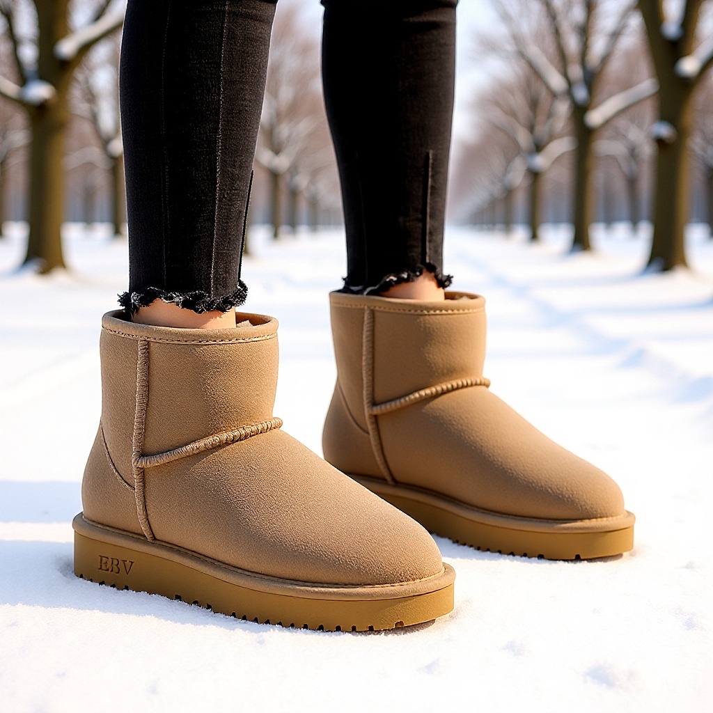EBV 牛皮雪地靴女短筒短靴皮毛一体百搭女士棉鞋皮靴子加绒加厚