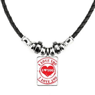 邮戳情人节红色印章爱你手工蜡皮绳项链子吊坠饰品合金挂坠男女定