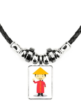 红色长衫中国卡通人物手工蜡皮绳项链子吊坠饰品合金挂坠男女定制
