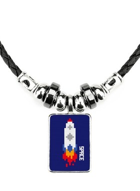 太空太空船单头火箭像素手工蜡皮绳项链子吊坠饰品合金挂坠男女定