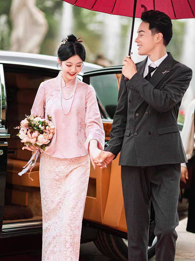 结婚敬酒服新娘订婚礼服新中式高级感回门宴两件套礼服粉色中长款