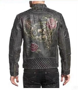 美国Affli时装款皮衣男款复古做旧柳丁玫瑰骷髅皮衣夹克