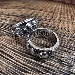 圈内雕刻克罗心字体英文哈雷装 外圈哈雷骷髅可以转动925银材质 备