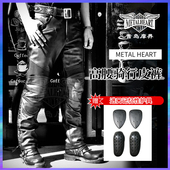 摩托车黑色进口牛皮做旧防风长裤 秋冬款 哈雷重机车骑行高腰皮裤