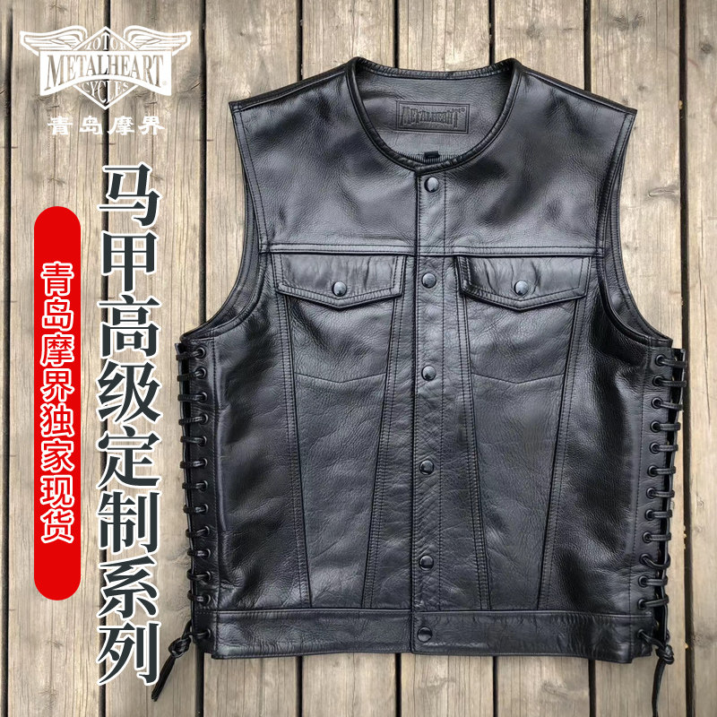 哈雷印第安无领马皮马甲休闲圆领阿美咔叽骑士背心复古坎肩真皮