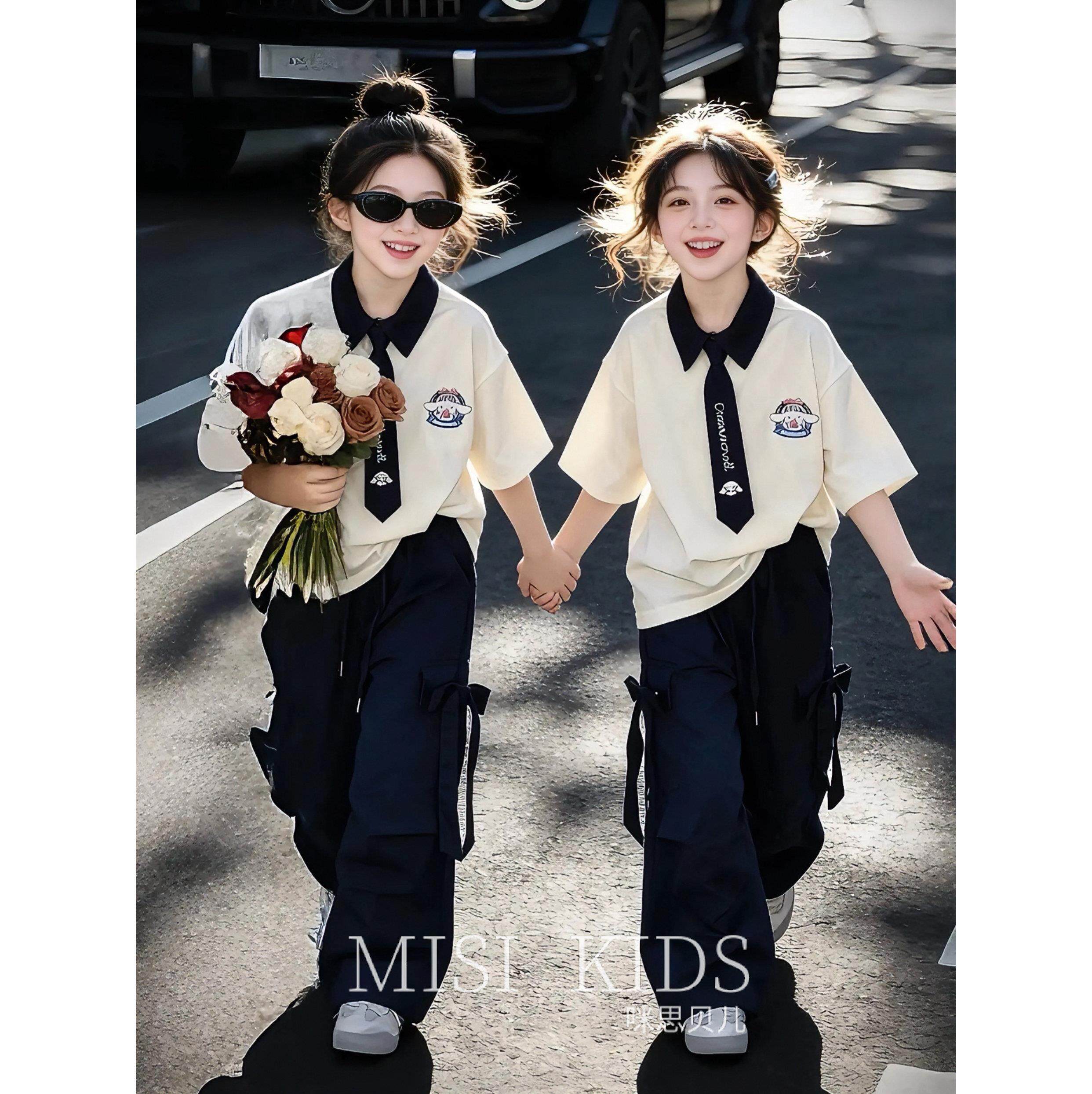 女童时尚套装洋派学院风领带polo儿童夏季韩系工装裤夏天好看衣服