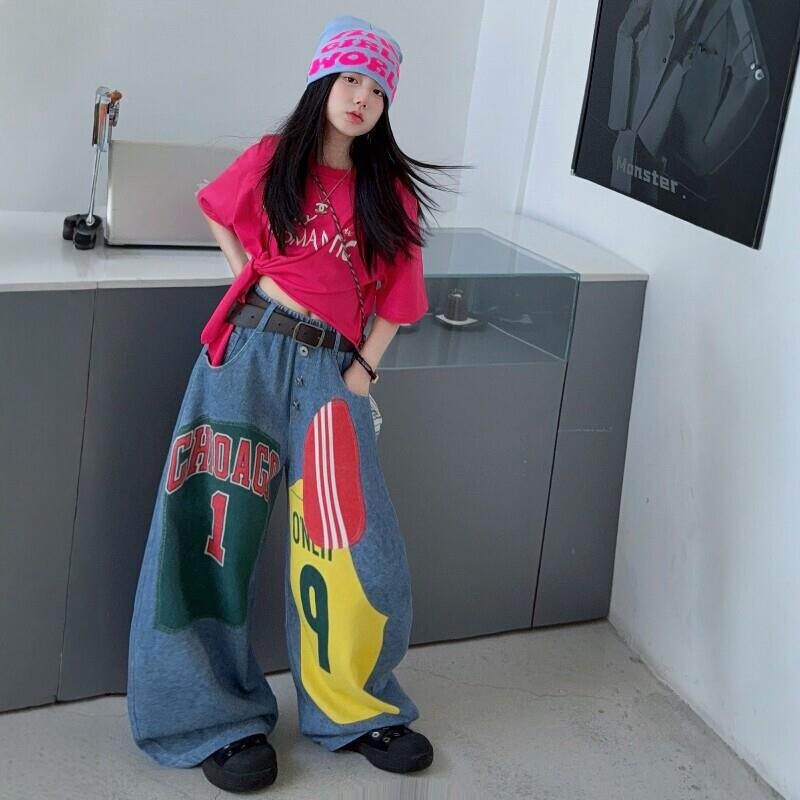 赵露思同款潮流个性布贴印花阔腿牛仔裤女童辣妹宽松慵懒风拖地裤