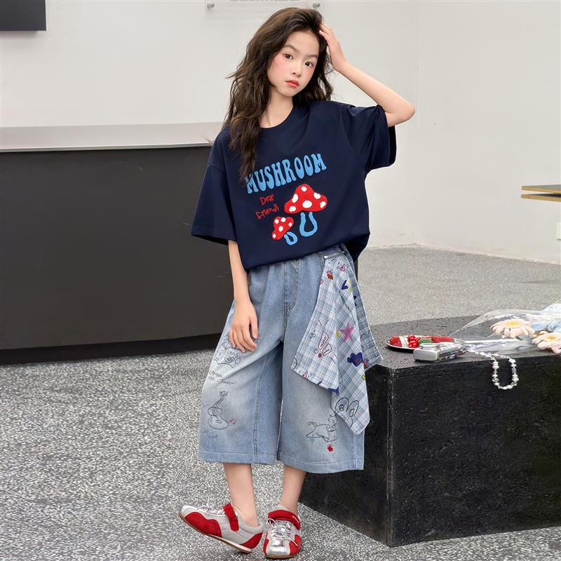 女童夏季短袖套装2026新款时尚洋派女中大童夏装T恤牛仔裤两件套