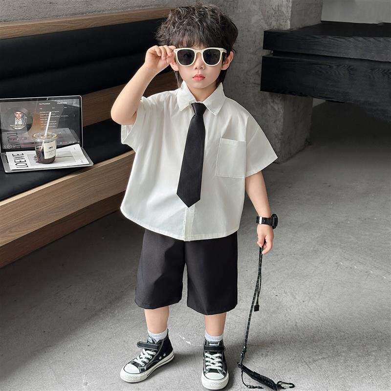 韩版学院风男童短袖衬衫套装2026夏新款白色表演礼服儿童毕业班服